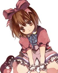Rule 34 | 00s, 1boy, a (pivot-nitidokui), bad id, bad pixiv id, bloomers, brown eyes, brown hair, colored eyelashes, crossdressing, frown, karol capel, male focus, mary janes, official alternate costume, shoes, sitting, solo, tales of (series), tales of vesperia, trap, underwear, wariza, white bloomers, wrist cuffs