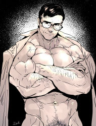 Rule 34 | 1boy, abs, arm hair, artist name, bara, bare pectorals, biceps, black background, black hair, coat, feet out of frame, glasses, hairy, large pectorals, looking at viewer, male focus, manly, mature male, muscular, muscular male, navel, navel hair, no shirt, open clothes, open coat, original, pectorals, rybiok, short hair, signature, simple background, smirk, solo, thick arms, thick eyebrows, upper body, veins, veiny arms, white background