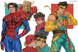 ! 2boys aqua_bodysuit arm_wrap artist_name bag bag_on_head blue_bodysuit bodysuit brown_eyes brown_hair hand_on_own_hip headband highres howlett_kaii iron_fist_(marvel) kiss male_focus marvel marvel_rivals mask_lift multiple_boys multiple_views paper_bag peter_parker red_bodysuit short_hair sleeveless sleeveless_bodysuit spider-man two-tone_bodysuit yaoi