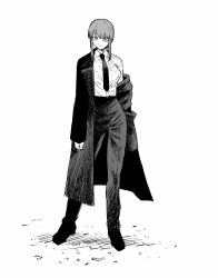 Rule 34 | 1girl, black necktie, black pants, breasts, chainsaw man, closed mouth, collared shirt, formal, full body, greyscale, highres, kotoyama, looking at viewer, makima (chainsaw man), monochrome, necktie, pants, ringed eyes, shirt, simple background, solo, suit, white background