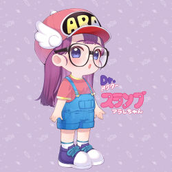 Rule 34 | 1girl, baseball cap, black-framed eyewear, blue eyes, blush, chibi, chitetan, commentary request, dr. slump, food-themed background, full body, glasses, hat, long hair, looking at viewer, norimaki arale, overall shorts, overalls, parted lips, pink hat, purple background, purple footwear, purple hair, red shirt, shirt, shoes, short sleeves, socks, solo, standing, teeth, translation request, upper teeth only, very long hair, white socks, winged hat
