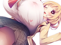 Rule 34 | 10s, 1girl, blonde hair, breasts, cleavage, female focus, gigantic breasts, heart, heart-shaped pupils, jacket, morita, narusawa ryouka, occultic;nine, skirt, solo, symbol-shaped pupils