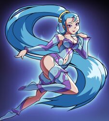 Rule 34 | 1girl, amazon pandora, armored leotard, blue hair, breasts, cleavage, highres, kid icarus, kid icarus uprising, long hair, medium breasts, nintendo, purple eyes, solo, superchrim, tagme, thick thighs, thighs, wide hips