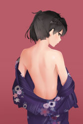 Rule 34 | 1girl, absurdres, alternate costume, ariel (user kear2553), back, black hair, blue kimono, brown eyes, floral print, from behind, highres, japanese clothes, kaga (kancolle), kantai collection, kimono, long hair, looking back, off shoulder, print kimono, red background, short sidetail, shoulder blades, side ponytail, simple background, solo, undressing, yukata