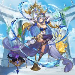 Rule 34 | 1girl, armpits, arms behind head, arms up, ass, balance scale, blue hair, blue sky, blue thighhighs, breasts, cleavage, cloud, column, day, detached sleeves, frigg (valkyrie connect), full body, knees, long hair, looking at viewer, official art, pillar, purple eyes, single thighhigh, sky, solo, thighhighs, valkyrie connect, weighing scale