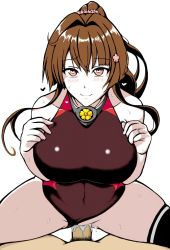 Rule 34 | 10s, 1girl, breasts, brown eyes, brown hair, competition swimsuit, cum, cum in pussy, flower, grabbing, hair flower, hair ornament, heart, heart-shaped pupils, kantai collection, large breasts, long hair, matching hair/eyes, nipples, nude, one-piece swimsuit, open mouth, penis, ponytail, pussy, sex, solo focus, swimsuit, symbol-shaped pupils, tate (11072053), uncensored, vaginal, yamato (kancolle)