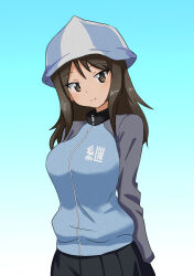 1girl absurdres arms_behind_back black_skirt blue_background blue_hat blue_jacket brown_eyes brown_hair closed_mouth commentary cowboy_shot girls_und_panzer gradient_background hat highres jacket keizoku_military_uniform long_hair long_sleeves looking_at_viewer mika_(girls_und_panzer) military_uniform pleated_skirt raglan_sleeves sesese_mimi skirt smile solo standing track_jacket tulip_hat