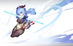 Rule 34 | 1girl, ahoge, bell, black gloves, black legwear, blue hair, bow (weapon), breasts, chinese knot, detached sleeves, drawing bow, flower knot, full body, ganyu (genshin impact), genshin impact, gloves, gold trim, highres, holding, holding bow (weapon), holding weapon, horns, long hair, looking at viewer, low ponytail, medium breasts, neck bell, pelvic curtain, purple eyes, red rope, rope, sidelocks, solo, tachi-e, tassel, thighlet, thighs, vision (genshin impact), wagachop, weapon