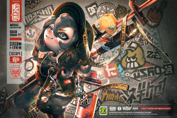 Rule 34 | 1girl, aviator cap, bad id, bad pixiv id, charm (object), decal, e-liter 4k (splatoon), english text, gun, hand in pocket, ink tank (splatoon), nasaxxxx, nintendo, octoling, octoling player character, over shoulder, rifle, scope, smile, sniper rifle, solo, splatoon (series), splatoon 2, tentacle hair, twitter username, weapon, weapon over shoulder