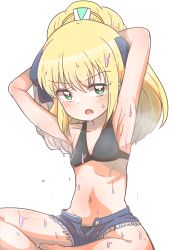 Rule 34 | 1girl, armpits, arms up, blonde hair, blush, character request, fang, female focus, green eyes, highres, long hair, looking at viewer, open mouth, shorts, simple background, solo, sweat, taitanic6242, white background