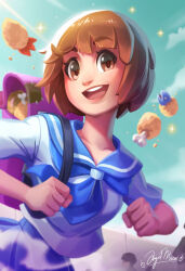 Rule 34 | 1girl, :d, absurdres, angelmoonlight, artist name, backpack, bag, blue neckerchief, blue sailor collar, blue skirt, brown eyes, brown hair, day, fish, food, highres, kill la kill, looking at viewer, mankanshoku mako, neckerchief, open mouth, outdoors, pink bag, pleated skirt, sailor collar, shirt, short hair, skirt, smile, solo, teeth, upper body, upper teeth only, white shirt