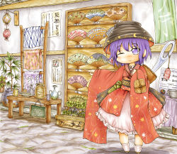 Rule 34 | 1girl, bowl, bowl hat, charm (object), chibi, clenched hand, folding fan, hand fan, hand on own chest, hat, highres, japanese clothes, kimono, light smile, looking at viewer, mini person, minigirl, needle, obi, one eye closed, plant, pointing, potted plant, purple eyes, purple hair, sash, shelf, short hair, sign, sleeves past wrists, solo, standing, sukuna shinmyoumaru, table, touhou, vase, ys (ytoskyoku-57)