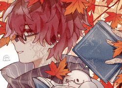 Rule 34 | 1boy, akiyo (lifetimes), autumn, bespectacled, book, from side, fukase, glasses, highres, holding, holding book, leaf, looking at viewer, male focus, maple leaf, point (vocaloid), portrait, red eyes, red hair, scarf, semi-rimless eyewear, solo, vocaloid
