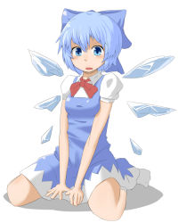 Rule 34 | 1girl, bad id, bad pixiv id, blue eyes, blue hair, bow, cirno, female focus, full body, hair bow, ice, kneeling, matching hair/eyes, short hair, socks, solo, embodiment of scarlet devil, touhou, white background, wings, wk (low-f)