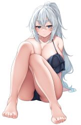 Rule 34 | 1girl, :&lt;, absurdres, armpit crease, ass, bare legs, bare shoulders, barefoot, bikini, black bikini, blue eyes, blush, breasts, cleavage, hair between eyes, highres, huge breasts, legs, long hair, looking at viewer, original, ponytail, silver hair, simple background, solo, suruga (xsurugax), swimsuit, thick eyebrows, white background