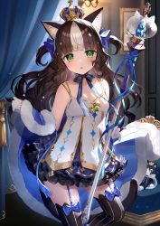 Rule 34 | 1girl, animal ear fluff, animal ears, bare shoulders, black hair, black thighhighs, blue bow, blue cloak, blue dress, bow, breasts, cat ears, cat girl, cat tail, chestnut mouth, cleavage, cloak, collarbone, commentary request, crown, crystal, curtains, dress, fur-trimmed cloak, fur trim, garter straps, gloves, green eyes, hair bow, highres, holding, holding staff, indoors, long hair, looking at viewer, mini crown, momoshiki tsubaki, multicolored hair, original, sleeveless, sleeveless dress, small breasts, solo, staff, striped clothes, striped thighhighs, tail, thighhighs, two-tone hair, two side up, vertical-striped clothes, vertical-striped thighhighs, very long hair, white dress, white gloves, white hair