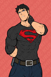 Rule 34 | 1boy, absurdres, bara, belt, black gloves, black hair, black pants, black shirt, blue eyes, covered abs, covered erect nipples, covered navel, dc comics, fingerless gloves, gloves, hand on own neck, highres, kon-el, kuroshinki, large pectorals, looking at viewer, male focus, muscular, muscular male, pants, pectorals, shirt, short hair, simple background, solo, superboy, taut clothes, taut shirt, watermark, young justice