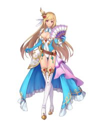 Rule 34 | 1girl, armor, belt, blonde hair, boots, braid, breasts, cleavage, crown braid, elbow gloves, elbow pads, feathers, full body, gloves, hair ornament, hand fan, highres, holding, large breasts, leotard, lips, long hair, looking at viewer, official art, overskirt, purple eyes, shoulder armor, shoulder pads, smile, solo, standing, tenshi mikadokuni, thigh boots, thighhighs, transparent background, turtleneck