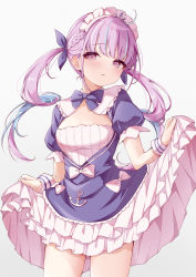 Rule 34 | 1girl, absurdres, anchor, anchor symbol, blue bow, blue dress, blue hair, blue ribbon, blush, bow, breasts, colored inner hair, commentary request, dress, frilled dress, frills, fusuma (ramunezake), grey background, hair ribbon, highres, hololive, long hair, looking at viewer, maid, maid headdress, minato aqua, minato aqua (1st costume), multicolored hair, parted lips, puffy short sleeves, puffy sleeves, purple eyes, purple hair, ribbon, short sleeves, sidelocks, skirt hold, small breasts, solo, two-tone hair, very long hair, virtual youtuber, white bow, wrist cuffs