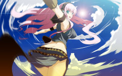 Rule 34 | aqua eyes, breasts, butt crack, cloud, day, double lariat (vocaloid), large breasts, long hair, megurine luka, midriff, motion blur, murasame nohito, panties, pantyshot, pink hair, sky, smile, solo, sun, underwear, vocaloid