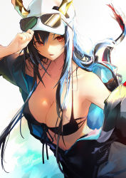 Rule 34 | 1girl, adjusting clothes, adjusting headwear, arknights, bare shoulders, bikini, black bikini, black jacket, blue hair, breasts, ch&#039;en (arknights), ch&#039;en the holungday (arknights), cleavage, commentary request, dragon horns, hat, highres, horns, jacket, large breasts, long hair, looking at viewer, off shoulder, open clothes, open jacket, parted lips, partial commentary, red eyes, sakusyo, smile, solo, swimsuit, upper body, white hat
