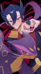 Rule 34 | 1boy, black background, blue eyes, blue hair, blue jacket, blush, buttons, cat, closed mouth, commentary request, creatures (company), game freak, gen 5 pokemon, green eyes, grimsley (pokemon), hair between eyes, hands up, heart, heart-shaped pupils, heart hands, highres, jacket, lapels, licking, liepard, long sleeves, looking at viewer, male focus, nintendo, parted bangs, pointy hair, pokemon, pokemon (creature), pokemon bw, scarf, short hair, sidelocks, smile, solo, symbol-shaped pupils, tomato 0429, tongue, tongue out, upper body, whiskers, yellow scarf