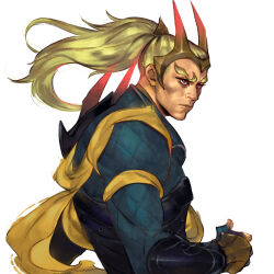 Rule 34 | 1boy, blonde hair, fingerless gloves, gloves, gradient horns, highres, horns, long hair, male focus, multicolored horns, ponytail, red eyes, ritsu hsiao, scarf, solo, tale of wuxia, thick eyebrows, upper body, white background, yellow scarf