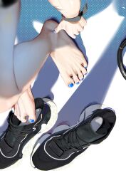 Rule 34 | 1girl, absurdres, barefoot, black footwear, blue nails, feet, foot focus, footwear focus, highres, nail polish, original, out of frame, riripoinya, shadow, shoes, sneakers, solo, toe scrunch, toenail polish, toenails, toes, unworn shoes