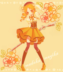 Rule 34 | 10s, 1girl, beret, blonde hair, blush, boots, bow, detached sleeves, drill hair, fingerless gloves, gloves, gun, hair ornament, hairpin, hand on headwear, hat, long hair, magical girl, magical musket, mahou shoujo madoka magica, mahou shoujo madoka magica (anime), miri (cherryjelly), musket, pleated skirt, puffy sleeves, ribbon, rifle, skirt, smile, solo, striped clothes, striped thighhighs, thighhighs, tomoe mami, tomoe mami (magical girl), twin drills, twintails, vertical-striped clothes, vertical-striped thighhighs, weapon, yellow theme, zettai ryouiki
