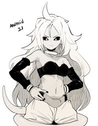 Rule 34 | 1girl, ahoge, android 21, black nails, black sclera, breasts, character name, closed mouth, colored sclera, cowboy shot, ddari, detached sleeves, dragon ball, dragon ball super, earrings, fingernails, greyscale, hands on own hips, highres, hoop earrings, jewelry, long hair, long sleeves, looking at viewer, majin android 21, medium breasts, midriff, monochrome, nail polish, navel, pants, simple background, solo, strapless, tail, tube top, white background