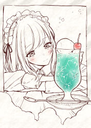 Rule 34 | 1boy, absurdres, arms on table, blush, cherry, closed mouth, collared shirt, crossed arms, cup, dress, drink, drinking glass, food, frilled hairband, frills, fruit, glass, hairband, hatching (texture), highres, holding, ice, ice cream, ice cream float, ice cube, kanazawa shinnosuke, lolita fashion, long hair, long sleeves, maid headdress, mole, mole under eye, original, ribbon, shaved ice, shirt, smile, solo, spoon, spot color, swept bangs, table, traditional media, trap, upper body