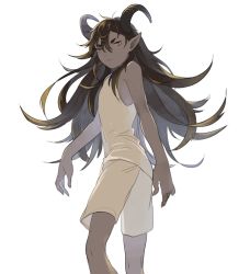 Rule 34 | 1boy, dark skin, horns, long hair, male focus, original, pointy ears, shorts, simple background, solo, tensen (dotted line), white background