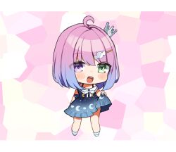 Rule 34 | 1girl, ahoge, bad id, bad pixiv id, blue dress, blush stickers, bob cut, bow, crown, dress, gradient dress, gradient hair, himemori luna, himemori luna (sundress), hololive, looking at viewer, mini crown, multicolored hair, noi mine, open mouth, pink hair, smile, socks, solo, standing, virtual youtuber, white bow, white socks