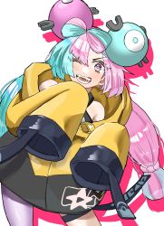 Rule 34 | 1girl, ;d, absurdres, blush, braid, character hair ornament, commentary request, creatures (company), eyelashes, game freak, genji 912, green hair, hair ornament, highres, iono (pokemon), jacket, leaning to the side, long hair, looking at viewer, nintendo, one eye closed, open mouth, pokemon, pokemon sv, purple eyes, purple hair, shirt, single leg pantyhose, sleeveless, sleeveless shirt, sleeves past fingers, sleeves past wrists, smile, teeth, thigh strap, tongue, twintails, yellow jacket