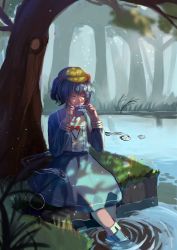 Rule 34 | 1girl, absurdres, adapted costume, blue hair, blurry, boots, day, depth of field, eyelashes, flat cap, forest, grass, hair bobbles, hair ornament, harmonica, hat, highres, instrument, kawashiro nitori, key, light particles, long sleeves, music, nature, outdoors, playing instrument, qin xin, ripples, river, rubber boots, short hair, sitting, skirt, skirt set, soaking feet, solo, touhou, tree, two side up, water drop