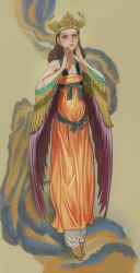 Rule 34 | 1other, androgynous, angel, angel wings, archangel gabriel, crown, full body, hands up, highres, mossacannibalis, orange robe, pointy footwear, robe, smile, solo, the quran, wings