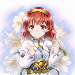 Rule 34 | 1girl, blush, clenched hands, dress, fire emblem, fire emblem: mystery of the emblem, fire emblem: shadow dragon and the blade of light, flower, gold hairband, hairband, highres, jewelry, long sleeves, looking at viewer, maria (fire emblem), necklace, nintendo, red eyes, red hair, short hair, smile, tomonx, upper body, white dress