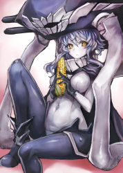 Rule 34 | 10s, 1girl, :&lt;, abyssal ship, ankle boots, bodysuit, boots, breasts, cape, corn, corn cob, covered navel, gloves, highres, kantai collection, large breasts, looking at viewer, monster, pale skin, revision, silver hair, sitting, solo, taishi (picchiridou), wo-class aircraft carrier, yellow eyes