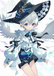 Rule 34 | 1girl, black bow, black hat, black shorts, blue bow, blue eyes, bow, commentary request, commission, feathered wings, grey hair, hair between eyes, hat, hat bow, highres, long sleeves, looking at viewer, original, parted lips, puffy long sleeves, puffy sleeves, shirt, short shorts, shorts, skeb commission, sleeves past wrists, solo, white background, white shirt, white wings, wings, witch hat, yamiko