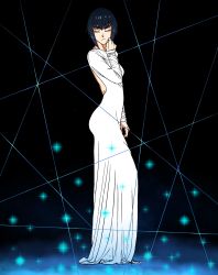 Rule 34 | 10s, 1girl, backless dress, backless outfit, black hair, chris re5, closed eyes, dress, eyebrows, from side, full body, hand on own face, highres, kill la kill, kiryuuin satsuki, life fiber, long dress, short hair, simple background, solo, sparkle, standing, striped, striped background, thick eyebrows, white dress