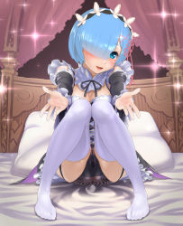 Rule 34 | 10s, 1girl, :d, black dress, black panties, black ribbon, blue eyes, blue hair, blush, breasts, detached collar, detached sleeves, dress, feet, foreshortening, frilled dress, frills, garter straps, hair ornament, hair over one eye, hair ribbon, head tilt, highres, indoors, knees together feet apart, knees up, lingerie, lolita fashion, long sleeves, maid, maid headdress, medium breasts, no shoes, open mouth, outstretched arm, panties, pierre norano, pussy, pussy peek, re:zero kara hajimeru isekai seikatsu, rem (re:zero), ribbon, short hair, skindentation, smile, solo, sparkle, stained panties, tareme, thighhighs, underwear, white thighhighs, x hair ornament
