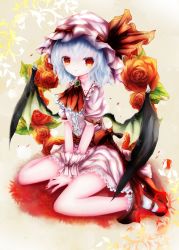 Rule 34 | 1girl, absurdres, ascot, bad id, bad pixiv id, basilis9, bat wings, blue hair, brooch, dress, flower, hat, hat ribbon, highres, jewelry, looking at viewer, mary janes, mob cap, petals, pink dress, puffy short sleeves, puffy sleeves, red eyes, red flower, red rose, remilia scarlet, ribbon, rose, sash, shoes, short sleeves, silver hair, sitting, solo, touhou, v arms, wariza, wings, wrist cuffs