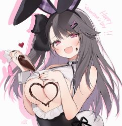 Rule 34 | 1girl, :d, animal ears, azur lane, bare arms, bare shoulders, black hair, black leotard, bow, breasts, byulzzi, chocolate, chocolate on body, clothing cutout, fake animal ears, fake tail, fang, food on body, frills, hair bow, hair ornament, hairband, hairclip, heart, large breasts, leotard, long hair, looking at viewer, one side up, open mouth, pamiat merkuria (azur lane), pink eyes, playboy bunny, rabbit ears, rabbit tail, revealing clothes, smile, smug, solo, tail, underboob, underboob cutout, upper body, valentine, wrist cuffs