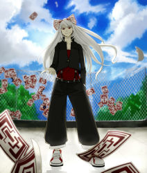 Rule 34 | 1girl, alternate costume, amulet, bad id, bad pixiv id, casual, chain-link fence, contemporary, day, female focus, fence, fujiwara no mokou, jacket, kenka, ofuda, outdoors, pants, red eyes, ribbon, shoes, sneakers, solo, touhou, tree, white hair