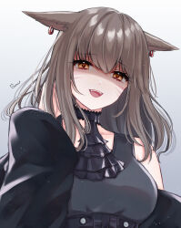 Rule 34 | 1girl, absurdres, animal ears, ascot, bare shoulders, black ascot, black jacket, breasts, brown hair, cat ears, cat girl, commentary request, earrings, facial mark, final fantasy, final fantasy xiv, gradient background, hand up, highres, jacket, jewelry, long hair, long sleeves, medium breasts, miqo&#039;te, off shoulder, open mouth, orange eyes, sana (sanamaru 0w0), seductive smile, shaded face, smile, solo, upper body, warrior of light (ff14), whisker markings