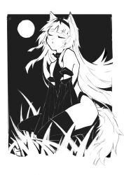Rule 34 | 18 kawaki, 1girl, animal ears, bodysuit, closed eyes, detached sleeves, fake animal ears, fake tail, full moon, grass, hairband, highres, howling, long hair, monochrome, moon, no.21: feral scent (punishing: gray raven), no.21 (punishing: gray raven), punishing: gray raven, sidelocks, sleeves past fingers, sleeves past wrists, solo, tail, thighhighs, very long hair, wide sleeves, wolf ears, wolf tail