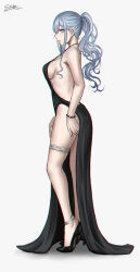 Rule 34 | 1girl, ak-12 (girls&#039; frontline), alternate costume, anklet, bare arms, bare shoulders, black dress, black footwear, breasts, dress, from side, full body, girls&#039; frontline, grey hair, high heels, highres, jewelry, large breasts, long hair, parted lips, ponytail, purple eyes, selcky, sidelocks, sideways glance, signature, simple background, sleeveless, sleeveless dress, solo, standing, thighs
