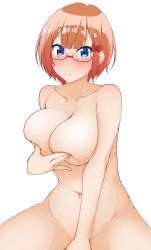 Rule 34 | 1girl, blue eyes, blush, bokutachi wa benkyou ga dekinai, bow, breasts, cleavage, closed mouth, collarbone, convenient arm, convenient censoring, covering privates, covering nipples, glasses, groin, hair bow, hinata masaki, large breasts, looking at viewer, navel, nude, ogata rizu, orange hair, red bow, ribbon, short hair, simple background, thighs, white background
