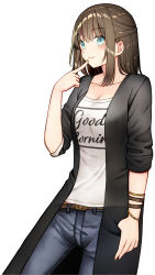 Rule 34 | 1girl, bad id, bad pixiv id, belt, belt buckle, black jacket, blue pants, blush, bracelet, breasts, brown belt, brown hair, buckle, cleavage, closed mouth, clothes writing, collarbone, commentary request, denim, english text, finger to mouth, fingernails, green eyes, hair between eyes, jacket, jeans, jewelry, kurata rine, long hair, looking at viewer, open clothes, open jacket, original, pants, shirt, simple background, small breasts, solo, thumb in pocket, white background, white shirt