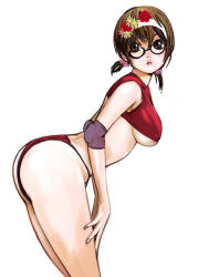 Rule 34 | 1girl, ass, bent over, breasts, brown eyes, brown hair, elbow pads, glasses, hairband, kazaana, large breasts, leaning forward, original, short hair, solo, twintails, underboob